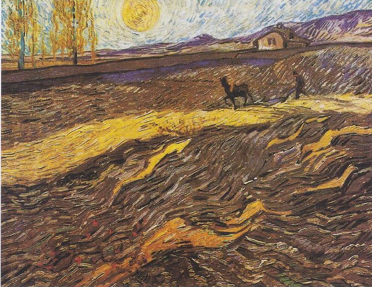 Vincent Van Gogh Field with plowing farmers